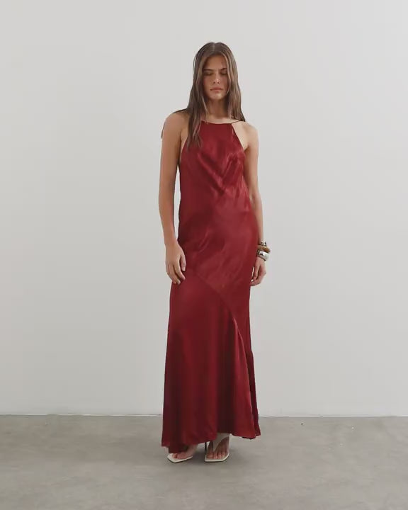 Topshop satin bias halter neck open scoop back maxi dress in burnt red
