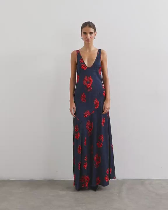 Topshop satin jacquard dropped waist low scoop maxi dress in navy and red floral