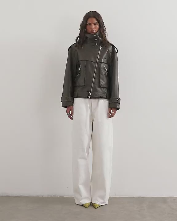 Topshop faux leather biker jacket in brown