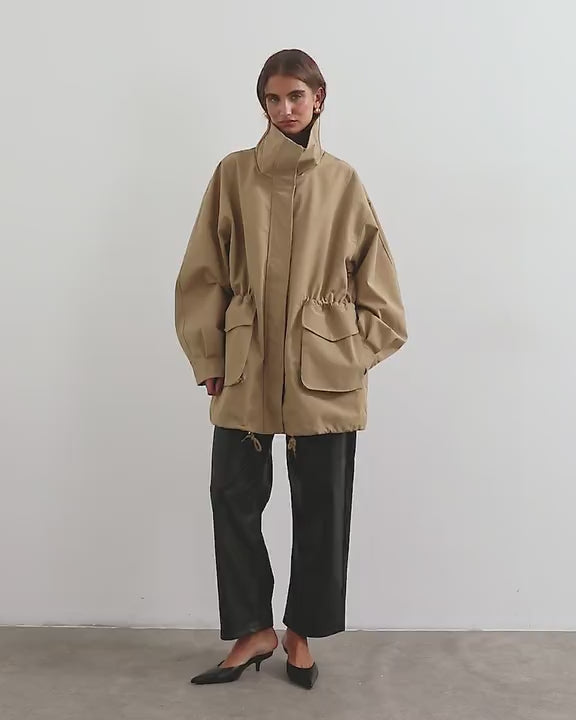 Topshop twill cinch waist funnel neck jacket in tan