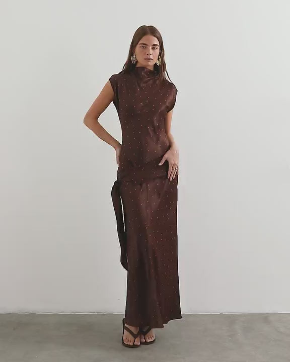 Topshop satin grown on neck dropped waist sash maxi dress in chocolate and red polka dot