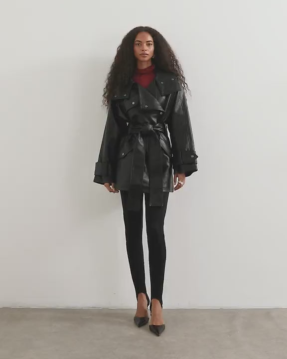 Topshop faux leather mid length belted jacket in black