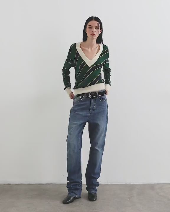 Topshop x Talia Byre semi sheer merino wool v neck jumper in green stripe