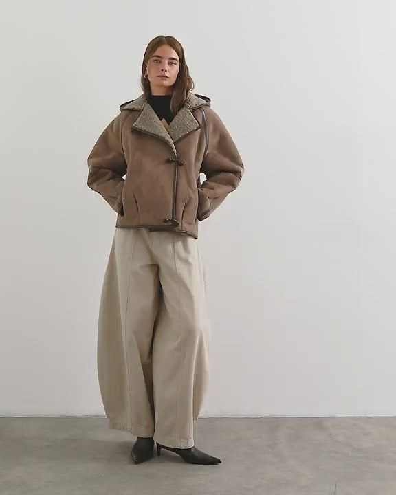 Topshop hooded shearling toggle detail jacket in brown