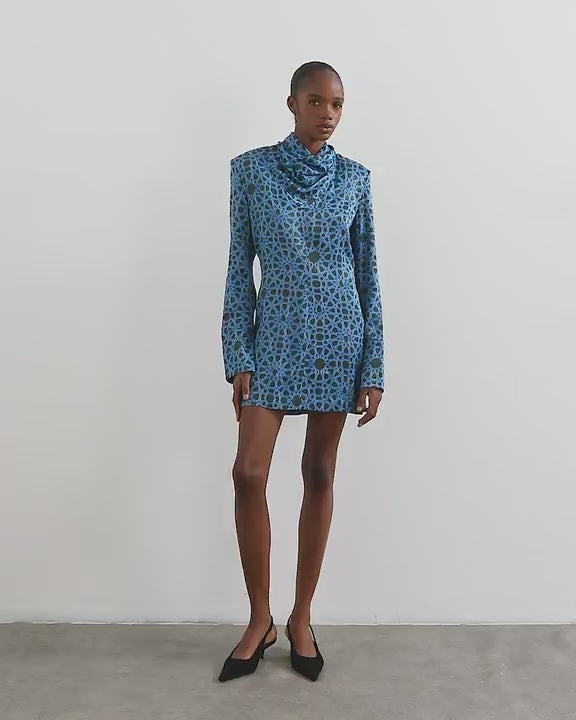 Topshop premium satin collapsed funnel shoulder pad mini dress in blue geo print