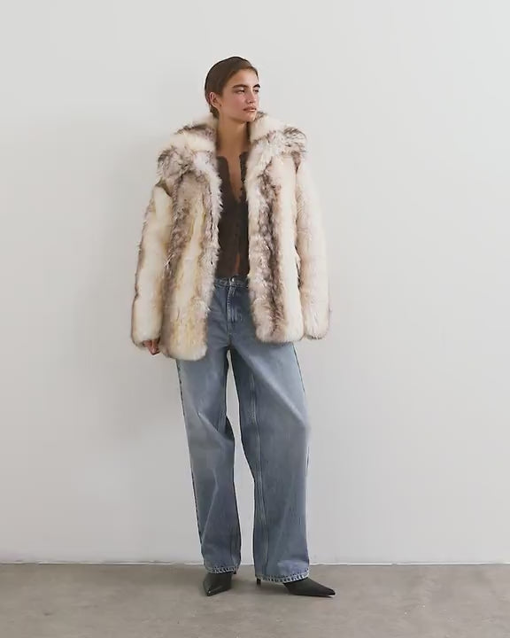 Topshop faux fur mid length coat in white stripe