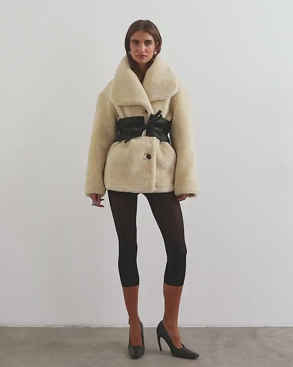 Topshop borg coat with faux leather belt in cream