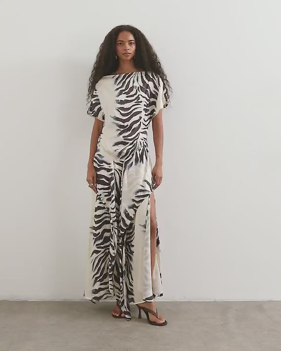 Topshop premium viscose satin dropped tie waist maxi dress in mono zebra