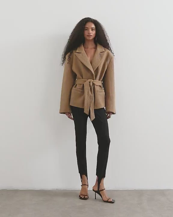 Topshop tie waist chevron blazer coat in tan