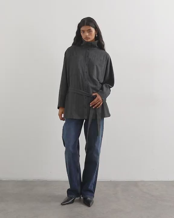Topshop tie waist funnel neck shirt in grey pinstripe