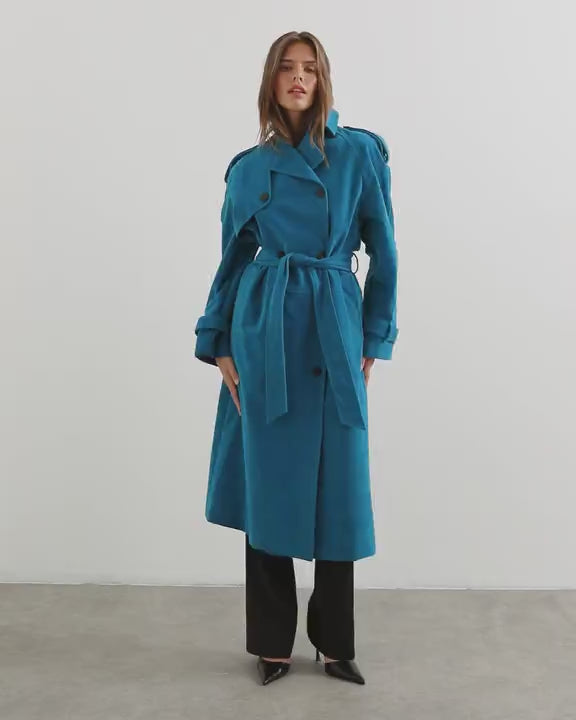 Topshop longline oversized faux suede trench coat in blue