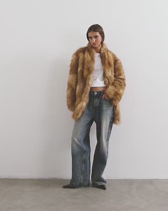 Topshop collarless mid length faux fur coat in multi