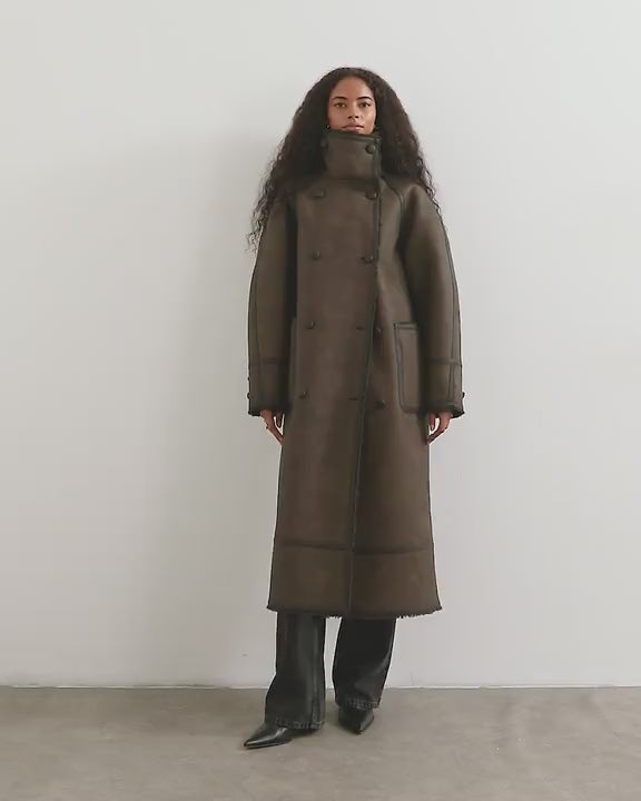 Topshop longline faux leather funnel neck coat in brown
