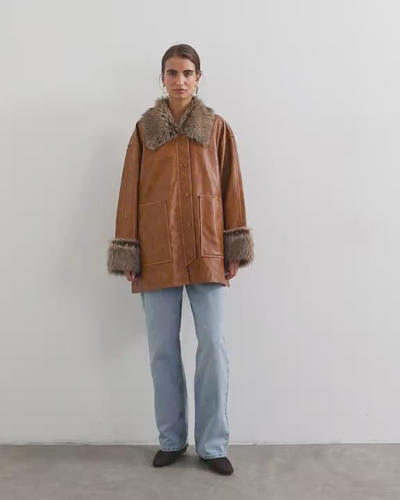Topshop faux leather jacket with faux fur trim in tan