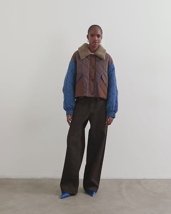 Topshop colour block quilt liner with borg collar in blue