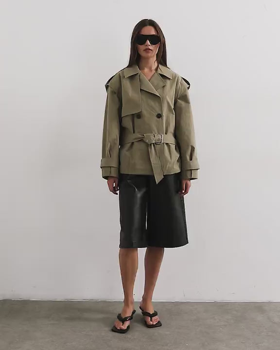 Topshop mid length oversized belted trench in green
