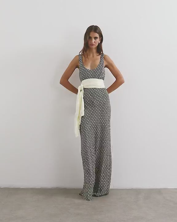 Topshop satin dropped waist maxi dress with contrast tie belt in mono geometric print
