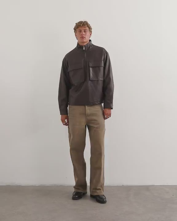 Topman oversized fit faux leather 1/4 zip funnel neck jacket in brown