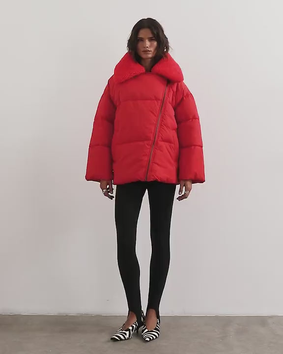 Topshop biker puffer with detachable borg collar in red