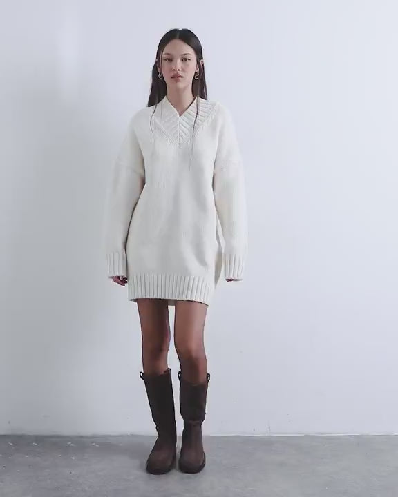 Topshop knitted high v-neck mini oversized jumper dress in ivory