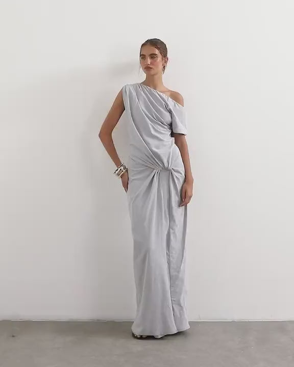 Topshop premium cotton rich jersey draped asymmetric maxi dress in grey marl