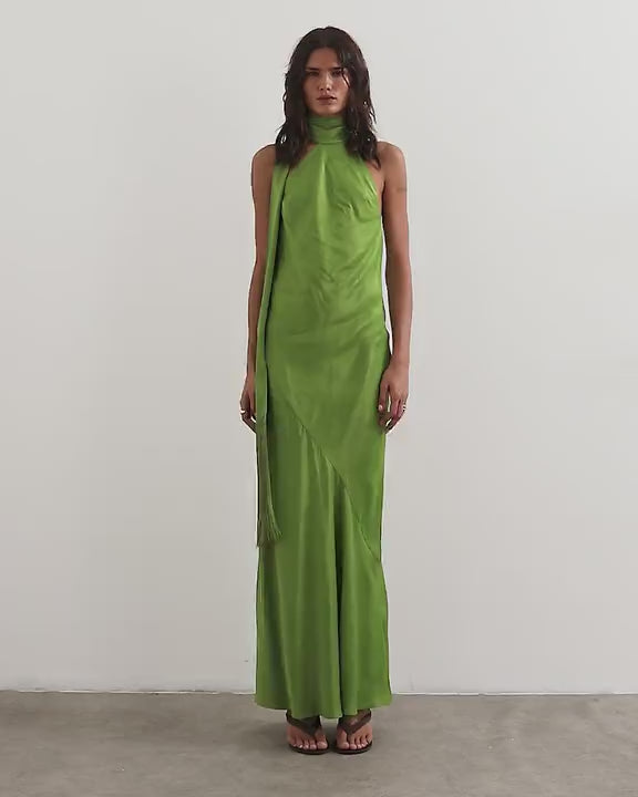 Topshop satin asymmetric halter neck maxi dress with fringed scarf in green