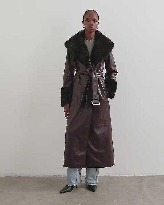 Topshop faux leather long coat with faux fur trims in burgundy