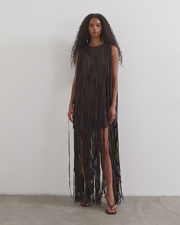 Topshop premium satin fringed maxi dress in dark chocolate