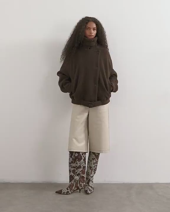 Topshop funnel neck wool belted bomber jacket in chocolate