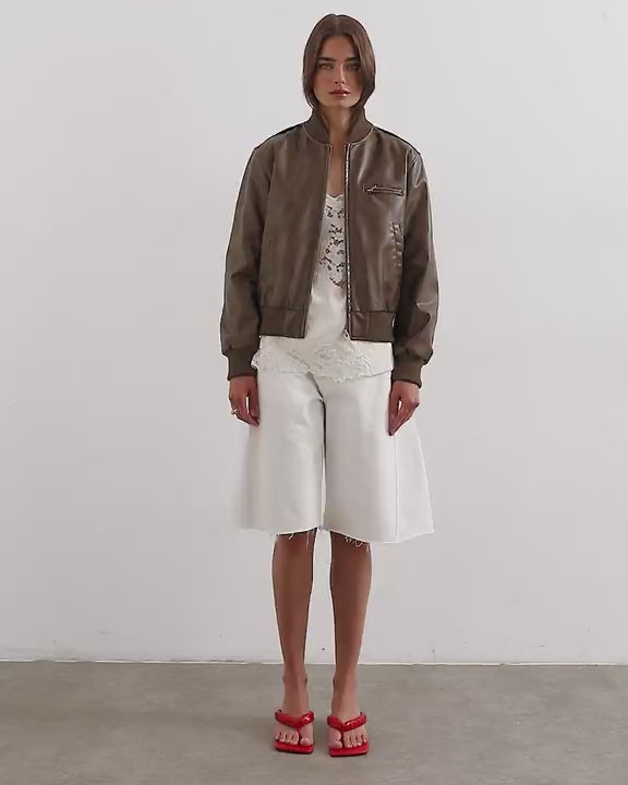 Topshop faux leather fitted bomber jacket in washed brown