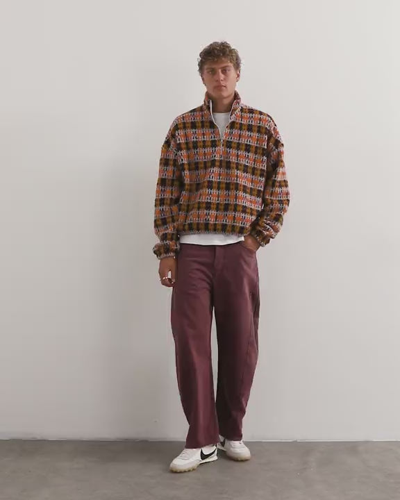 Topman boxy crop fit 1/4 zip funnel neck borg check jumper in orange