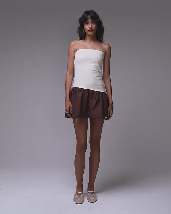 Topshop bandeau poplin mix mini dress in ecru and brown