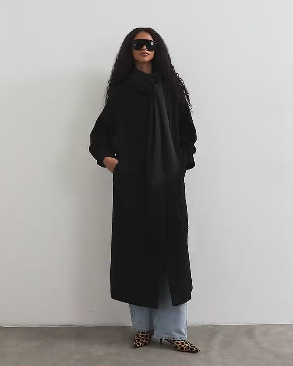 Topshop fringe detail belted longline coat with wool in black