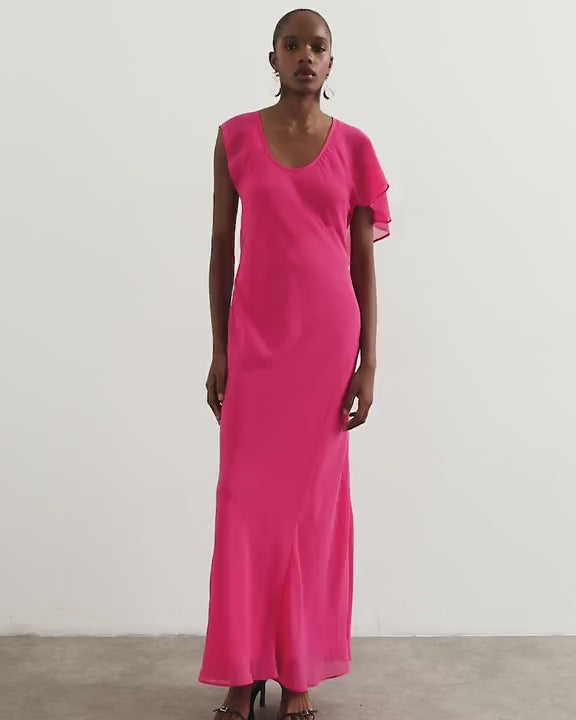 Topshop asymmetric flutter sleeve maxi dress with seaming in pink
