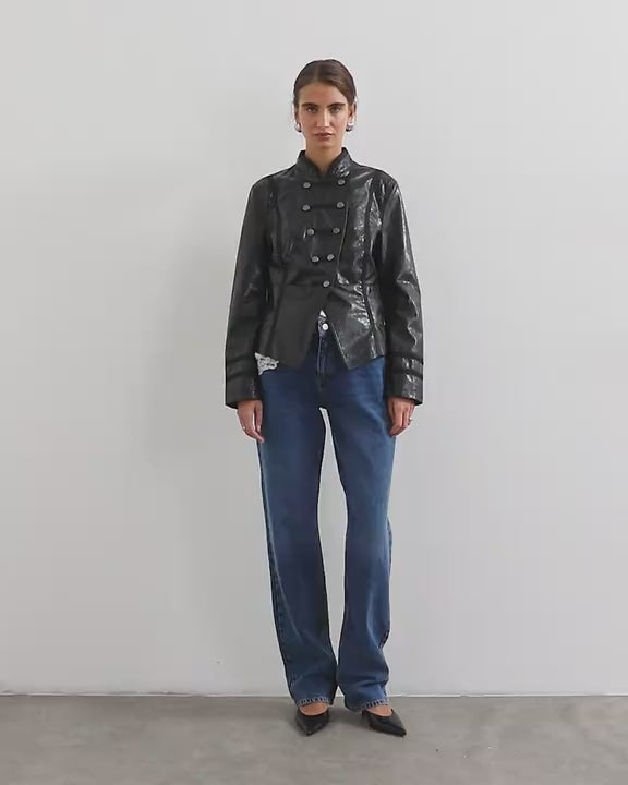 Topshop faux leather mililtary jacket in black