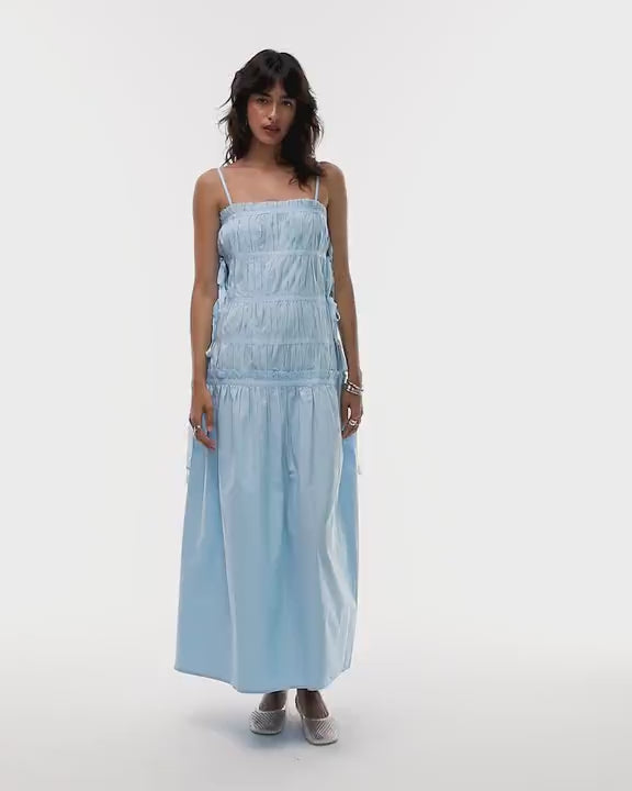 Topshop ruched panel midi dress with tie sides in sky blue