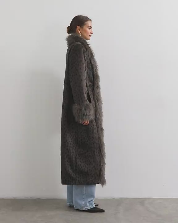 Topshop faux fur animal print longline coat in grey