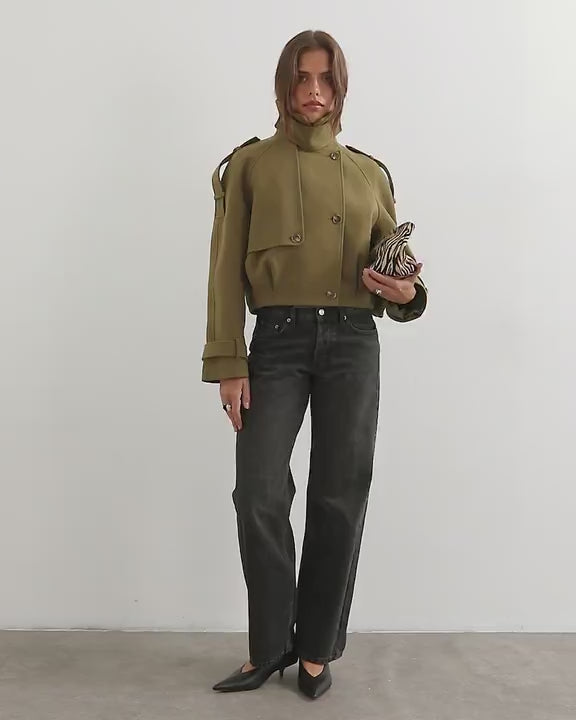 Topshop cropped wool blend trench in khaki