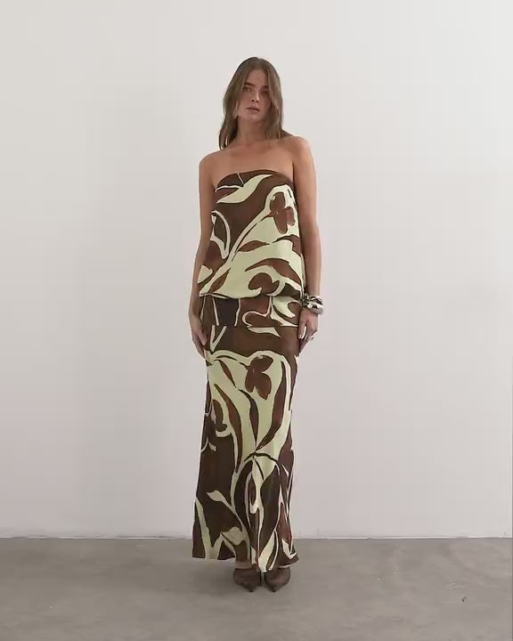 Topshop satin dropped waist blouson bandeau maxi dress in brown floral