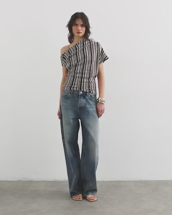 Topshop stripe fallen shoulder textured top in grey