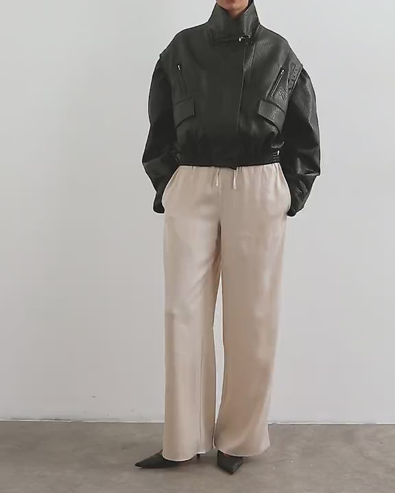 Topshop satin tie waist wide leg trouser in ecru