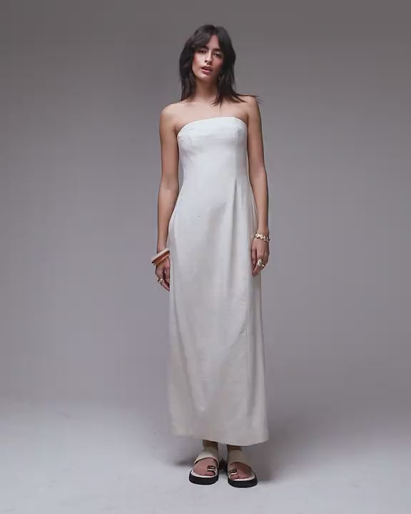 Topshop linen Bandeau midi in natural