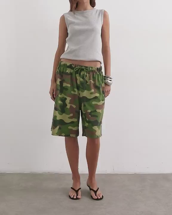 Topshop camouflage washed long line tie detail shorts in khaki