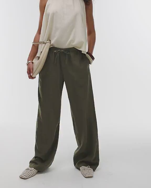 Topshop linen straight leg trouser in khaki