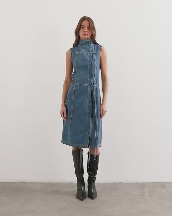 Topshop denim funnel neck midi dress in mid blue