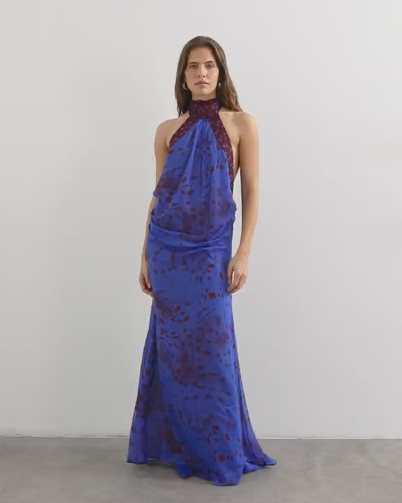 Topshop chiffon halter neck tucked side maxi dress in blue and burgundy abstract print