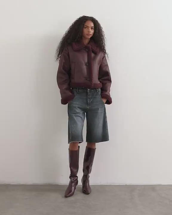 Topshop cropped shearling jacket in burgundy