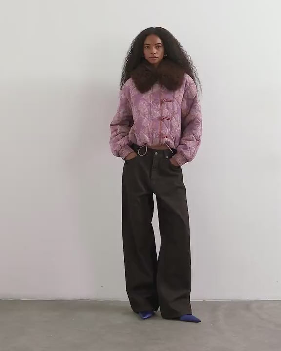 Topshop printed fur collar jacket in pink