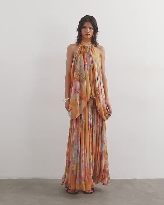 Topshop premium viscose blouson halter neck maxi dress with open back and train in handpainted floral print