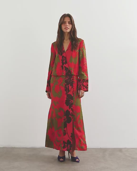 Topshop viscose satin jacquard  dropped waist long sleeve wrap front maxi dress in mixed red floral